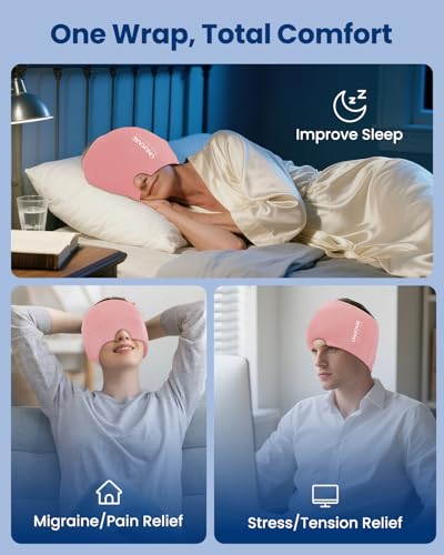Image of Upgraded Migraine Relief Cap, ONLYCARE Headache Relief Cap, Soothing Migraine Mask, Odorless Gel Ice Head Wrap, Hot & Cold Therapy, Reusable Ice Pack for Tension and Stress, Pink