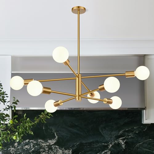 11-52 Height Adjustable Modern Chandelier Ceiling Light Fixture 8-Light Sputnik Chandeliers Brushed Gold Mid Century Chandelier Over Table Chandeliers for Dining Room Kitchen (Bulbs Not Included)
