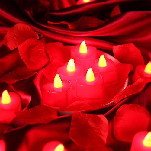 Image of Honoson 1000 Pieces Artificial Red Rose Petals with 24 Pcs Flameless Heart Shaped LED Tealights Candles Special Romantic Night Decorations for Proposal Wedding Anniversary Table Decor