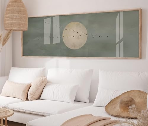 YUSUZHU Lienzo japonés de luna verde salvia para pared - Decoración panorámica grande para dormitorio. Cuadros, pósteres e impresiones (70 x 210 cm/sin marco).