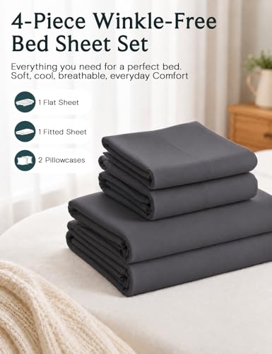 Image of LuxClub 4 PC Queen Sheet Set, Sheets Queen Size, Deep Pockets 18 inch Wrinkle Free Cooling Sheets Machine Washable Hotel Bedding Silky Soft - Dark Grey Queen
