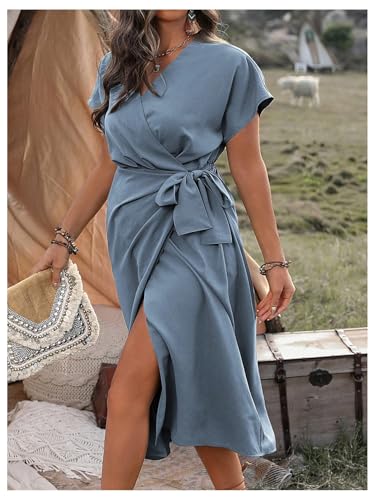 Image of SOLY HUX Women's Plus Size Wrap V Neck Knot Side Midi Dress Short Sleeve Flowy Party Dresses