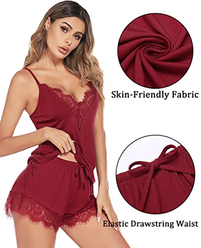 Image of Avidlove Women Pajama Set Lace Trim Short PJ Set Modal V Neck Sleeveless Sleepwear Drawstring Waist Nightwear S-XXL