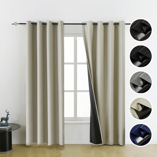FEBSIXTH 100% Beige Blackout Curtains for Bedroom,Room Darkening Curtains 84 inch Curtains,Black Out Curtains for Living Room,Thin Blackout Curtains,54 Wide,2 Panels