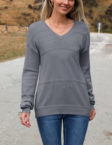 Image of Zeagoo Womens 2026 Fall Sweaters Casual Long Sleeve Ribbed Knit Pullover V Neck Lightweight Crochet Pullover Sweater Top