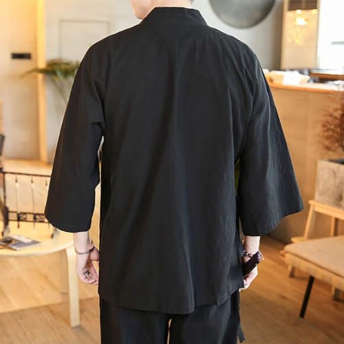 Image of Men's Chinese style linen cardigan jacket loose kimono jacket solid color self-tie Hanfu traditional clothing (Black, XL)