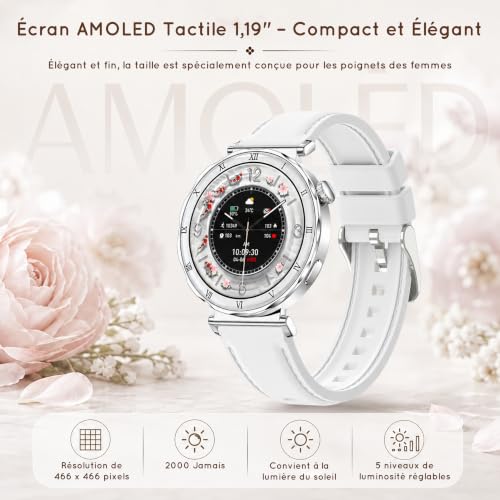 Montre Connectée Femme (3 Bracelets) 1,19" AMOLED Tendance Fitness Podomètre Smartwatch pour Android IOS avec Appel Bluetooth, Fonction Féminine/Cardio/Sommeil, 120+ Modes Sport Étanche IP68, Blanc – vue 2