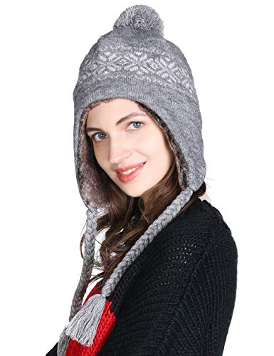 Jeff & Aimy Winter Wool Peruvian Hat Women Pom Beanie Earflap Hats Ski Caps Fleece Lining Grey One Size