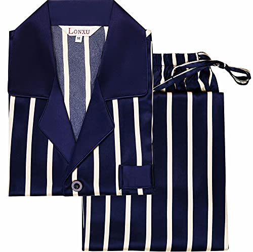 Lonxu Pajamas Set Mens Silk Satin Pajamas Long Sleeve Loungewear Two-Piece Sleepwear Button-Down Pj Set S-Xxxxl (Navy Blue, 2Xl) #TOP1