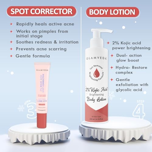 Image of Glamveda 2% Kojic Acid 6 Step Skincare Kit for Glowing Skin | Facewash, Serum, Spot Corrector, Body Lotion, Cream, BB Cream (Fair Tone) | Brightens Skin, Reduce Dark Spots & Pigmentation | Women & Men