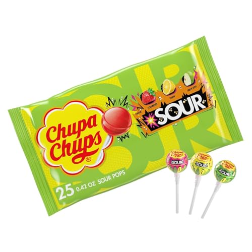 Chupa Chups SOUR Lollipops, Variety Pack, Lemon, Strawbery & Apple Flavored, Individually Wrapped Bulk Sour Candy Suckers for Adults & Kids, Bag of 25