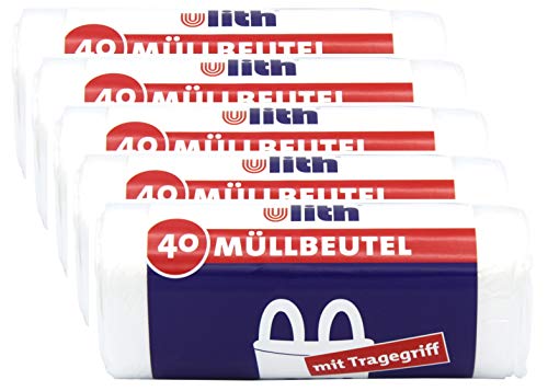 Ulith Müllbeutel mit Tragegriff, 20 Liter, 40 Stück pro Rolle, transparent (5er Pack) Cover