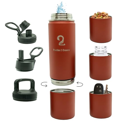 Insulated Water Bottle & Snack Container - Stainless Steel Water Bottle, 3 Lid Types BPA Free, Leak & Spill Proof Travel Bottle for Kids & Adults - Double Wall Tumbler Perfect for Gym, Hiking & School