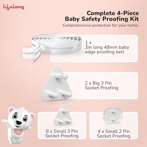 Image of Lifelong Cuppy Baby Safety & Protection Kit 4 in 1 | 12 Small 3 Pin, 3 Large 3 Pin, 6 Two Pin Guards, 12 Safety Belts | Drawer & Child Lock for Cupboard, Baby Proofing, Kids Safety, Switch Board Cover (LLCSK02)