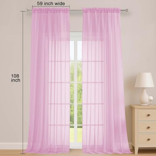 Image of OWENIE Sheer Pink Curtains 108 Inches Long for Living Room Bedroom 2 Panels Set, Lightweight Airy Pink Sheer Curtain, Filmy Voile Rod Pocket, 2 PCS, Each 59 inch W x 108 inch L