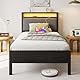 FOUBAM Bett 90x200,Bettgestell mit Ladestation, Robustes Metallbett mit Holz Stauraum-Kopfteil aus Stoff,Gästebett Jugendbett Einzelbett Bettrahmen,Metall mit Lattenrost, Schwarz