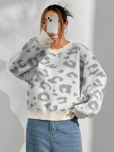 Image of SHENHE Women's Vintage Leopard Print Crew Neck Drop Shoulder Loose Knit Pullover Sweater