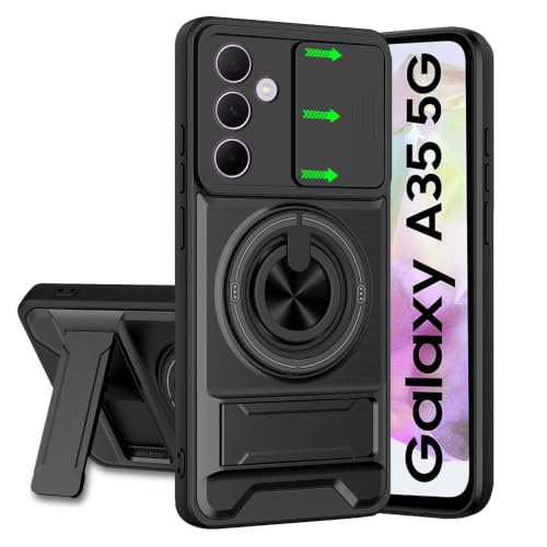 Image of Samsung A35 5G Back Cover | Armor Camera Slider 360 Degree Rotating Finger Ring Holder Case with Bracket Stand Back Case Cover (Compatible with MagSafe Accessories) (Black)
