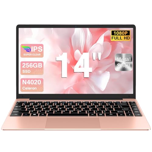 14″ Win 11 Traditional Laptop 256GB SSD Support SSD 1TB 512GB TF Expand Celeron N4020 Laptops 1920×1080 FHD Mini HDMl 2.4G+5G WiFi BT 4.2 512GB TF for Business and Students-Gold