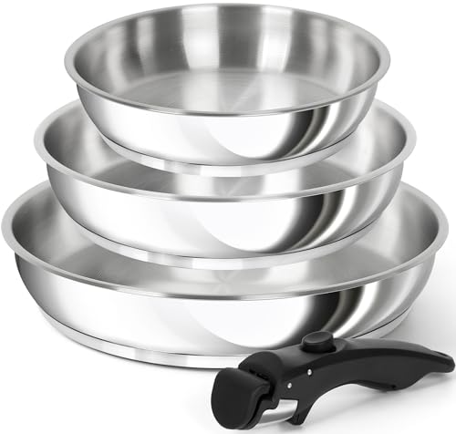 MICHELANGELO Stainless Steel Frying Pan Set, Cooking Pans with Removable Handle, Triply Base Stainless Steel Pan Set, Induction Compatible Skillet- 8" & 9.5" & 11" by MICHELANGELO - Used condition - US$47.36