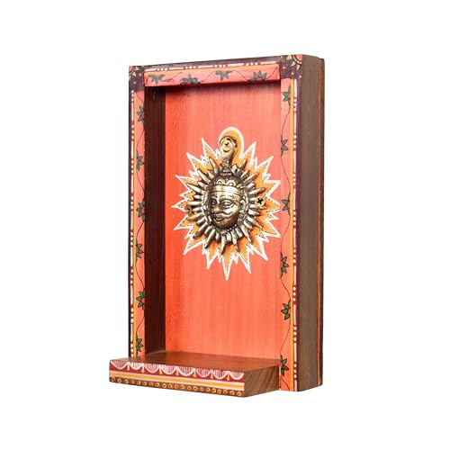 Image of AAKRITI ART CREATIONS Divya-IV Wall Decor Orange Frame with Brass Sculpture of Surya Dev | Dhokra Art, Matte Finish | Wooden & Dhokra Wall Art Painting for Home