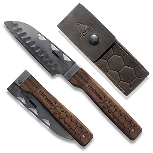 nCamp Food Prep Folding Knife - Elite Santoku Knife, Classic Japanese Utility, Outdoor Cooking Knife with 10Cr15MoV Damascus Steel Blade, beautiful tough walnut handle for a comfortable secure grip