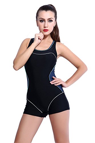 TiRain One Piece Women Swimsuit Slimming Boxer Boyleg Racerback Halterneck Athletic Swimwear Black Blue