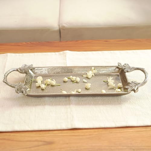 Image of BEHOMA Aluminium Silver Serve Tray with Leaf Handle, 16.7 inch | Silver aluminium serve tray with leaf handle, 16.7 inch; perfect Durga Puja & Navratri serveware.