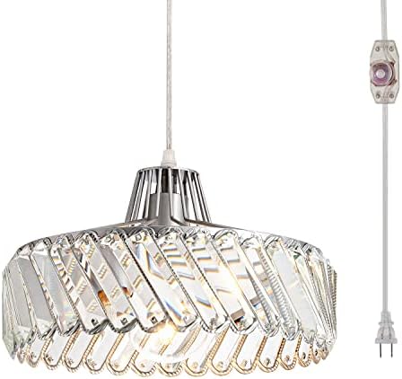 CHOOHUE Plug-in Crystal Pendant Light with 16ft Dimmable On/Off Switch Modern Chrome Hanging Pendant Lighting Fixtures for Kitchen Island Dining Room Foyer Stairway Bedroom