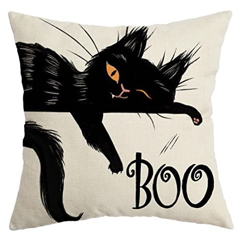 AACORS Halloween Throw Pillow Cover 18X18 Black Cat Boo Decorations Farmhouse Decorative White Cushion Case Decor Autumn for Home Sofa Couch AA049-18