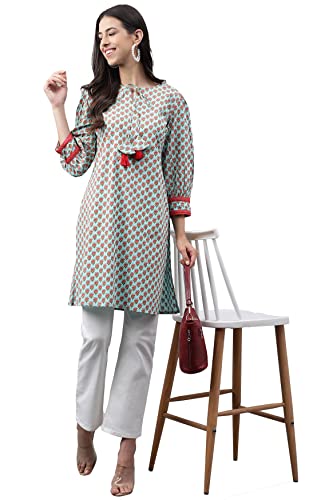 Image of Janasya Women's Light Green Cotton Floral Printed Regular Tunic