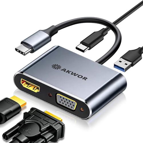 USB C to HDMI VGA Adapter for Dual Monitor, 4 in 1 USB C Hub with 4K HDMI, 1080P VGA, USB 3.0 5Gbps, 100W PD, Laptop Docking Station Compatible for MacBook Air/Pro, Dell XPS, Surface, iMac More