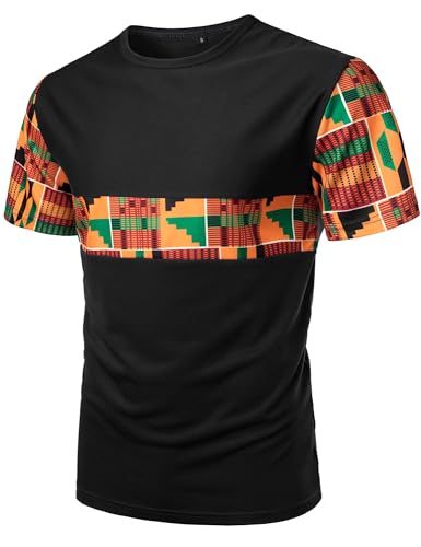 ZEROYAA Men's African Kente Pattern Patchwork T-Shirt Breathable Short Sleeve Dashiki Shirt2