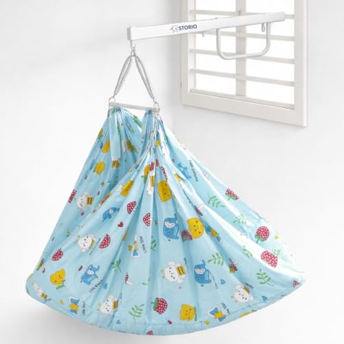 Image of Storio Baby Window Swing for Newborn (0-12 Months) | Hanging Baby Jhula with Mosquito Net, Spring & Metal Window Hanger | Polycotton Palna Thottil | Indoor Window Cradle Sleeping Set - Blue