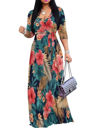 Image of Plus Size Maxi Dress for Women V Neck 3 /4 Sleeve Wrap Dress