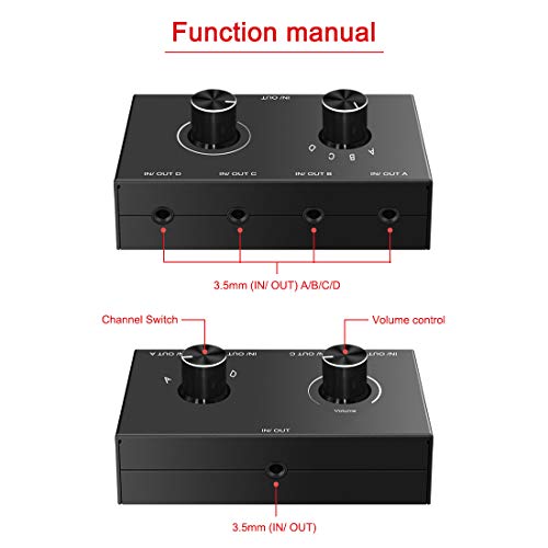 4 Port Audio Switch, 3.5Mm Audio Switcher, Stereo Aux Audio Selector, 4 Input 1 Output / 1 Input 4 Output Audio Splitter Switcher, Audio Switcher Box, 4 Channel Switch Knob, No External Power Required #TOP1