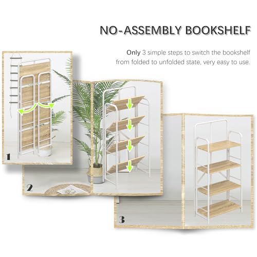 Image of 4NM No Assembly Folding Bookshelf, 4 Tiers Collapsible Book Shelves Open Industrial Foldable Storage Bookcase Shelf for Bedroom, Living Room, Home Office - Natural and White