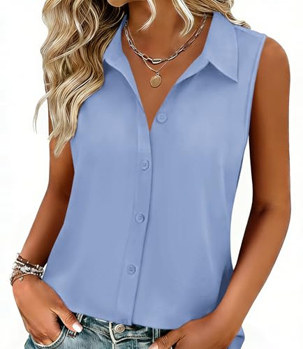 La mejor comparación de Cosmetiqueras de Moda favoritos de las personas. 47 Zeagoo - Camisas sin mangas con botones para mujer, color liso, casual, sueltas, cuello en V, para el trabajo, S-XXL, Azul/claro, Small