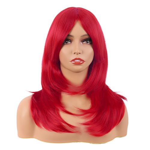 Image of MapofBeauty 20 Inch /50 cm Long Layered With Bangs Straight Synthetic fiber Shoulder Length Hair for Daily Use or Party Wig (bright Red)