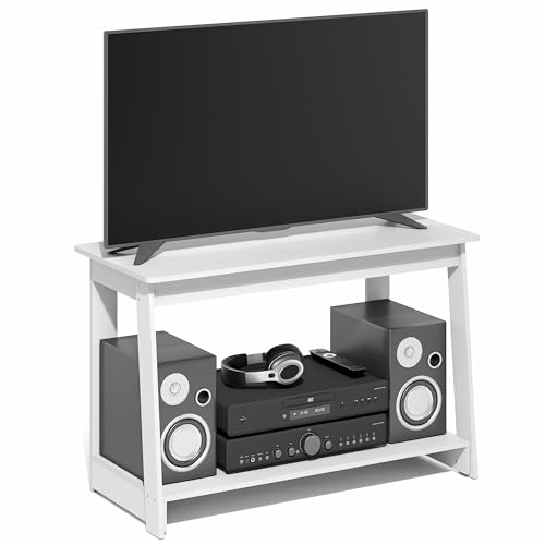Image of Furinno Beginning TV Stand, 2-Tier Rectangular Entertainment Center with Shelf, TV Console for TV up to 36 Inch, Open Back, for Living Room, Bedroom, White