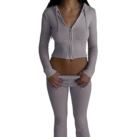 ELKRTG Womens Knit 2 Piece Outfits Long Sleeve Crop Zip Up Hoodie Y2k High Waist Skinny Pants Lounge Sets (Small, Grey) Cover