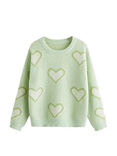Shenhe Girl's Cute Heart Print Crew Neck Long Sleeve Knit Pullover Sweater Tops Green 13-14Y #TOP17