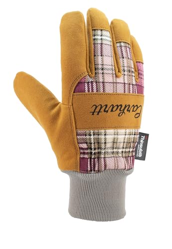 Carhartt Womens Insulated Synthetic Suede Knit Cuff Glove Wild Rose Plaid Medium
