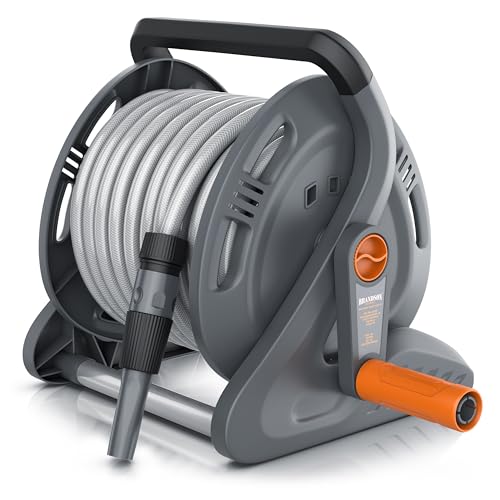 Brandson - Schlauchtrommel 20m Schlauch – Gartenschlauch Trommel Set 1/2 Zoll inkl. Anschluss 3/4 Zoll - 2 m Zuleitung – Schlauchbox mit Wandhalterung - Drehkurbel- Reinigungsspritze