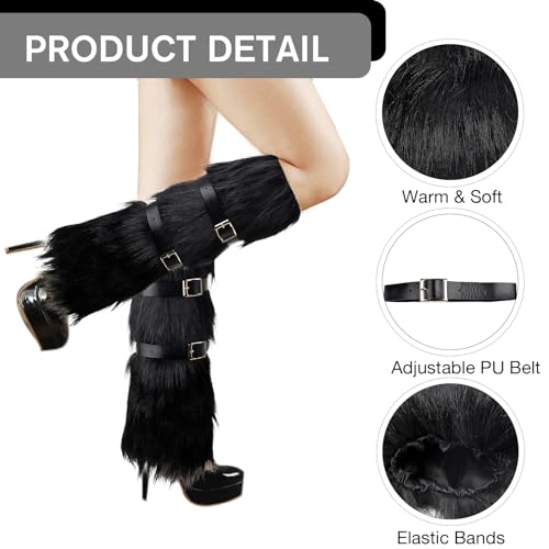 QZUnique Faux Fur Leg Warmer with PU Belt Warm Furry Winter Boot Cuff Covers Women Fuzzy Leg Sleeves Party Accessory Set3