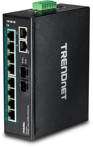 Image of TRENDnet 10-Port Industrial Gigabit PoE+ DIN-Rail Switch, 8 x Gigabit PoE+ Ports, DIN-Rail Mount, 2 x SFP Slots, 240W PoE Power Budget, Network Switch, IP30, QoS, Lifetime Protection, Black, TI-PG102