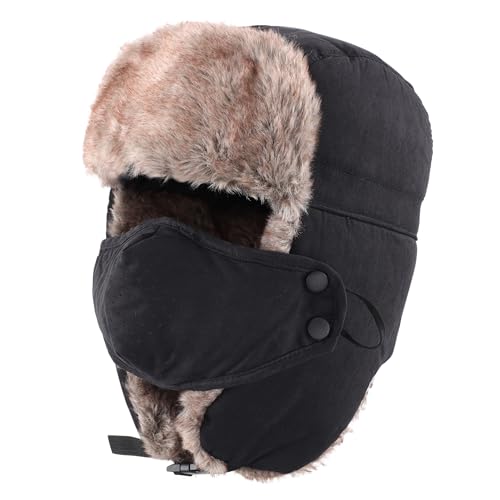 Home Prefer Mens Warm Faux Fur Trooper Trapper Hat Outdoor Reflective Winter Hunting Hat with Ear Flaps Face Mask (US Alpha Large Black)