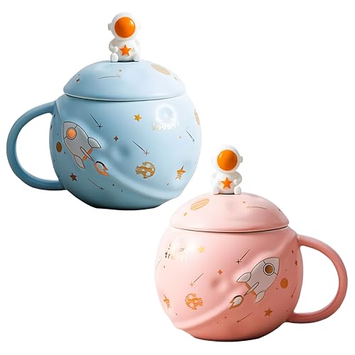 Image of NOSCOMP Astronaut Coffee Mug with Lid & Spoon| Space Travel Ceramic Coffee Mug with Astronaut Lid, Available in Blue, Pink and Black (Blue&Pink)