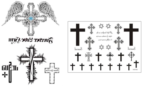 2 fogli temporanei ali tatuaggio croce tatuaggio religioso J501 HSC005