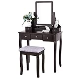 BEWISHOME Vanity Table Set with Mirror & Cushioned Stool Dressing Table Vanity Makeup Table 5 Drawers 2 Dividers Movable Organizers Espresso FST01Z
